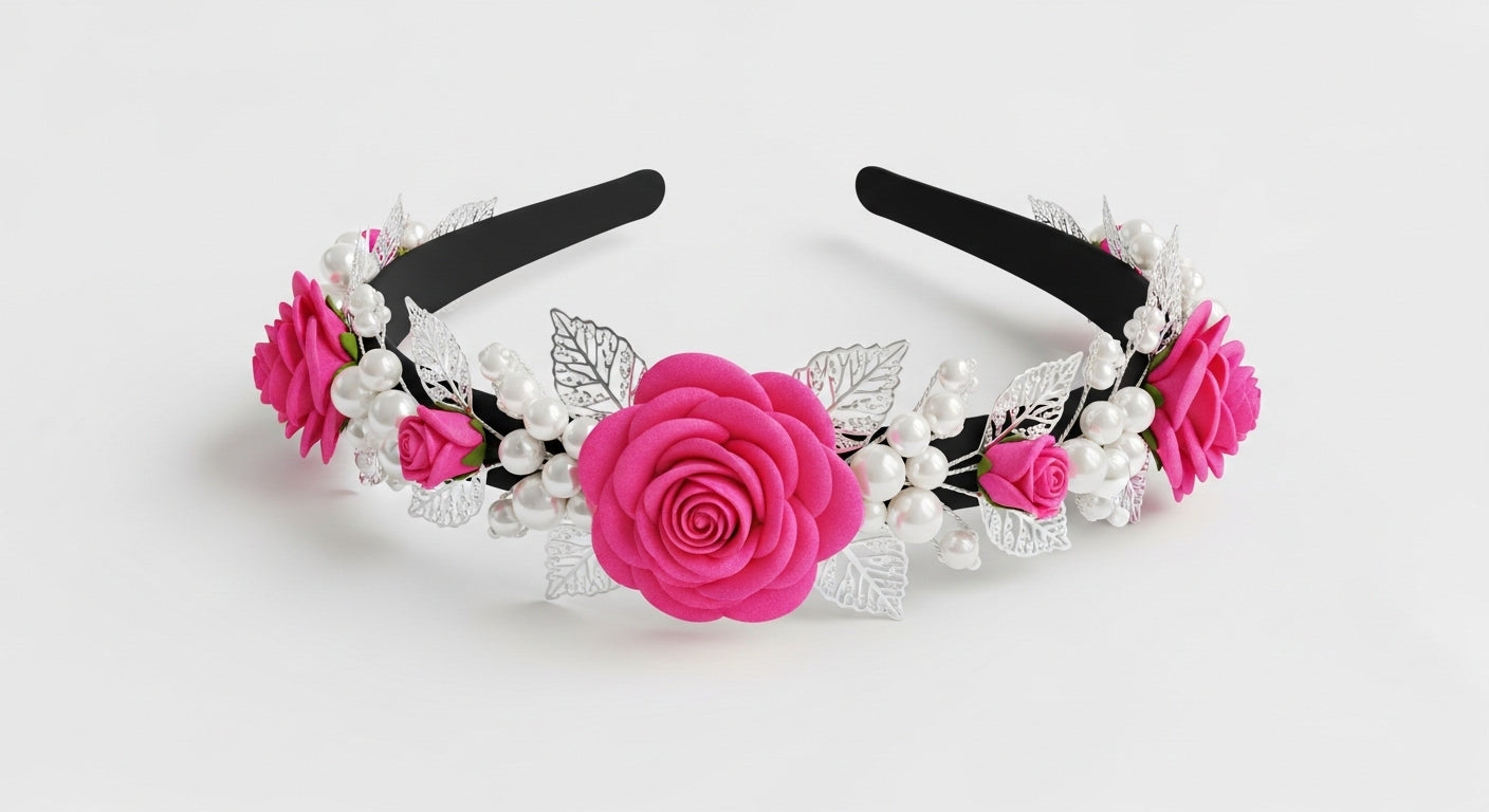 Pink Rose Headband with Pearls & Silver Leaves