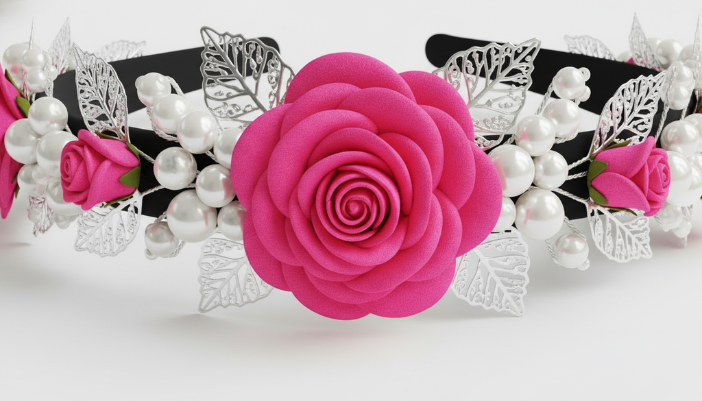 Pink Rose Headband with Pearls & Silver Leaves