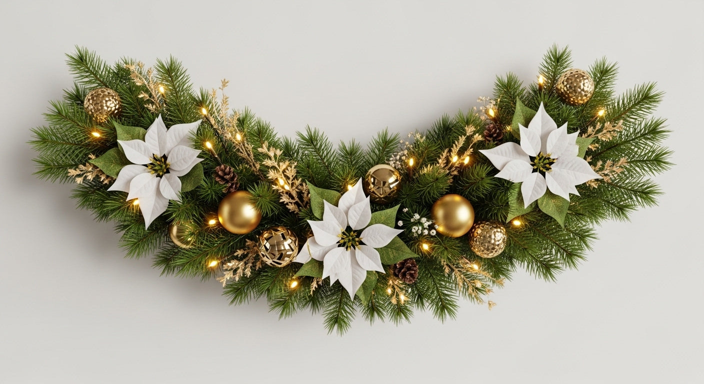 Festive Christmas Garland with Poinsettias, Gold Ornaments & Pinecones