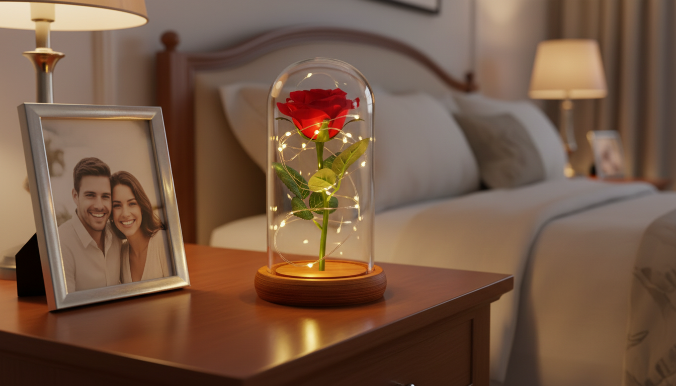 Red Rose in Glass Dome with Wooden Base & LED Lights