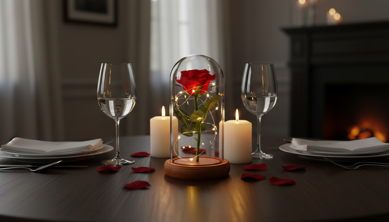 Red Rose in Glass Dome with Wooden Base & LED Lights