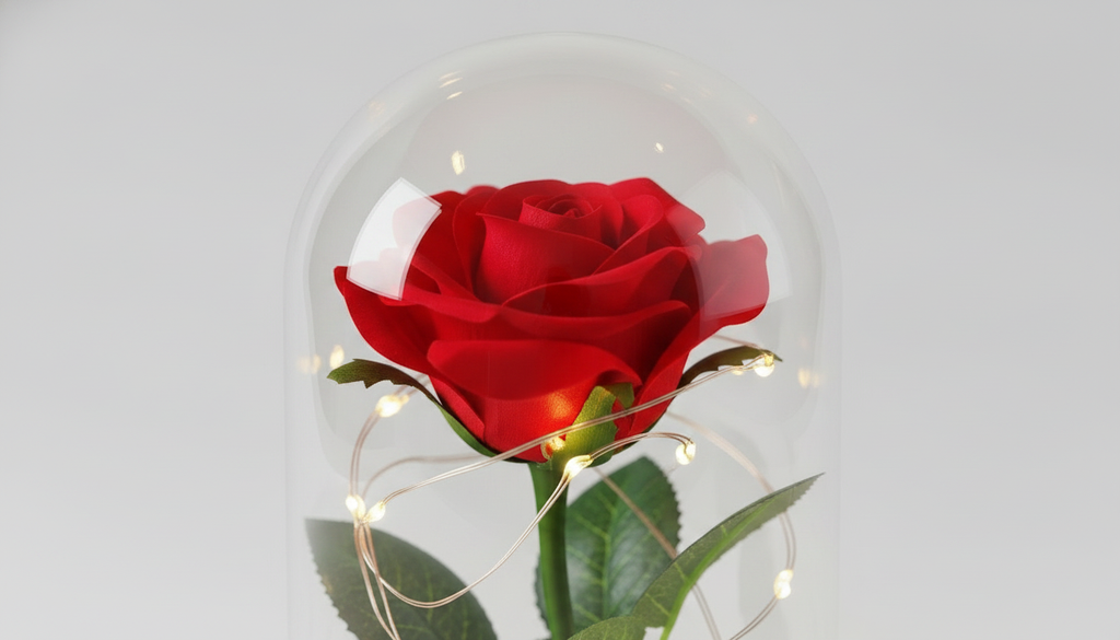 Red Rose in Glass Dome with Wooden Base & LED Lights