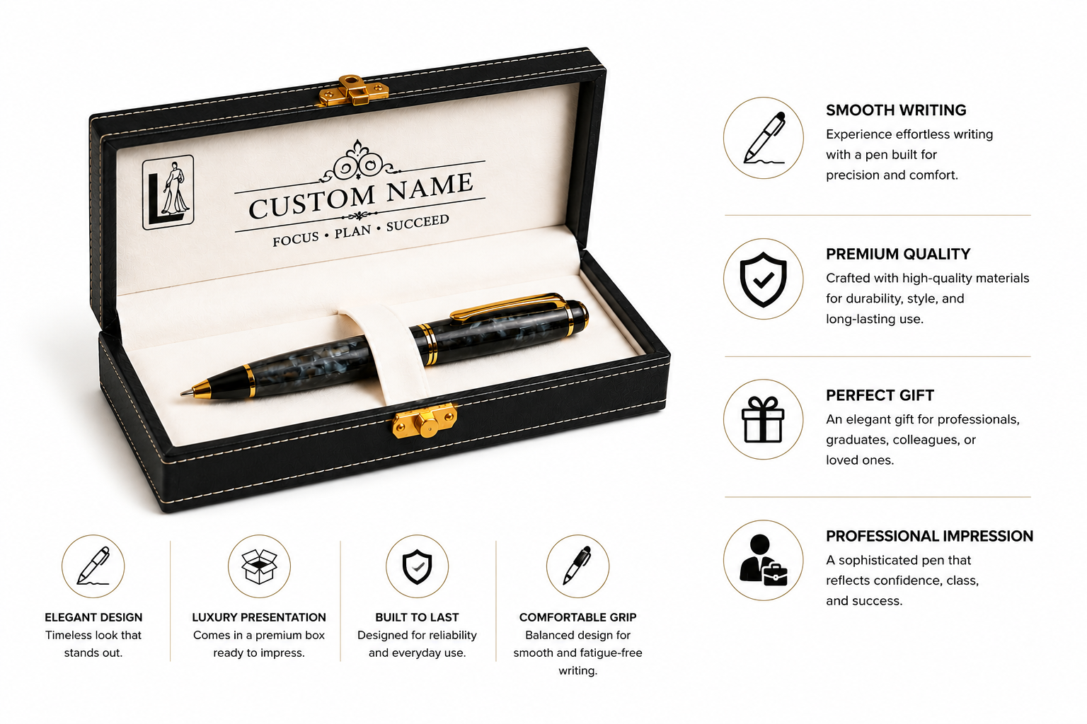 Luxury Black Marble Pen Gift Set with Personalized Presentation Box
