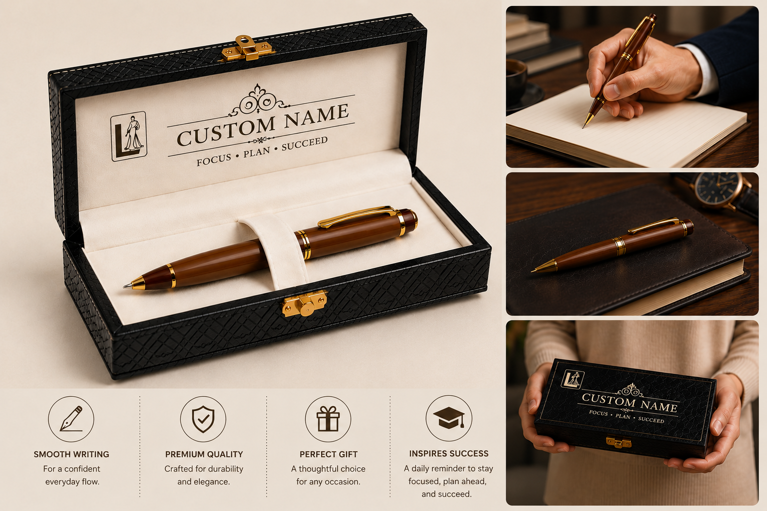 Luxury Brown Wooden Pen Gift Set with Premium Engraved Presentation Box