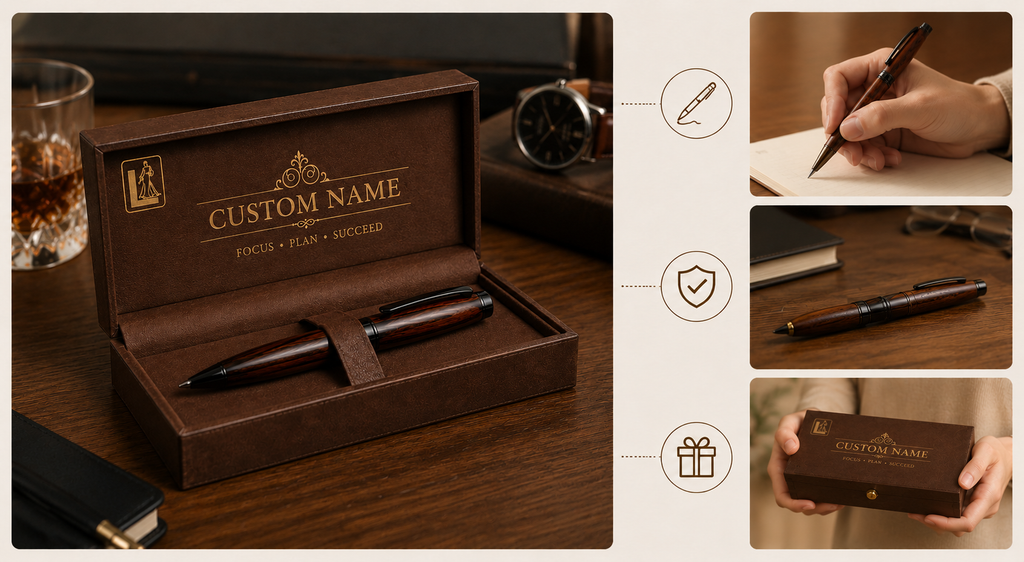 Luxury Walnut Wood Pen Gift Set with Premium Brown Presentation Box
